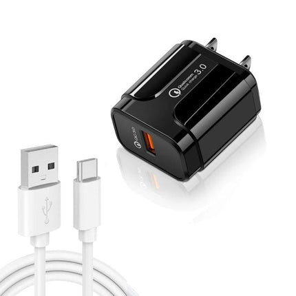 Essential Charger for Travel and Everyday Device Needs - compact black USB wall charger with USB-A port and USB-C cable