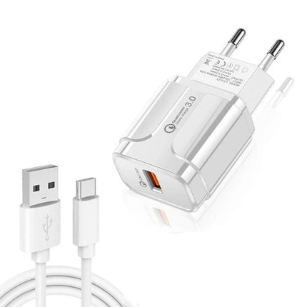 USB Travel Charger for Daily Device Power Needs on the Go - white 18W QC3.0 wall charger with USB cable for smartphone and tablet