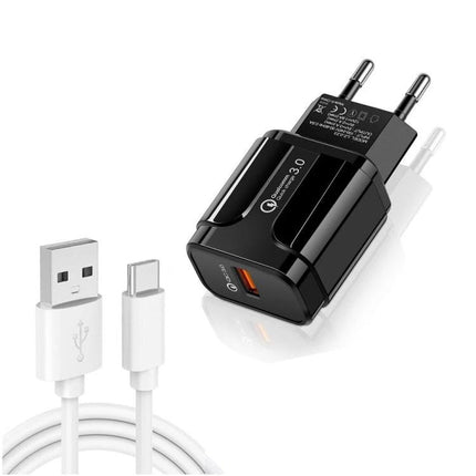 USB Travel Charger for Daily Device Power Needs on the Go black QC3.0 18W fast charger with USB-C cable