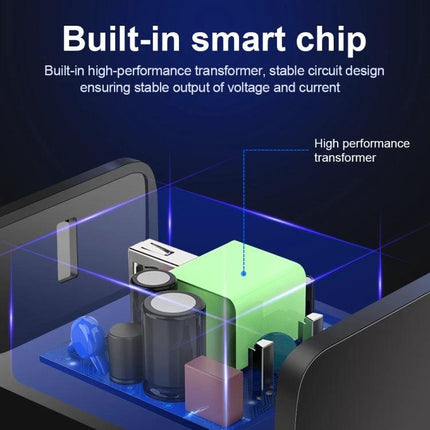 USB Travel Charger for Daily Device Power Needs on the Go showing internal high-performance transformer and built-in smart chip for 18W QC3.0 fast charging