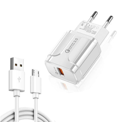 Compact Travel Charger for On-the-Go Device Needs - white USB wall charger with fast-charge port and micro USB cable for travel