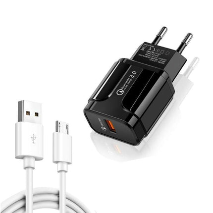 Compact Travel Charger for On-the-Go Device Needs — black quick-charge wall charger with USB cable for phones and tablets