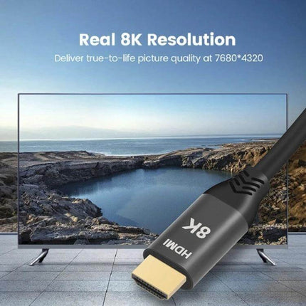 HDMI Cable for High-Definition Home Entertainment, 1 Meter shown connecting an 8K TV for clear video and audio