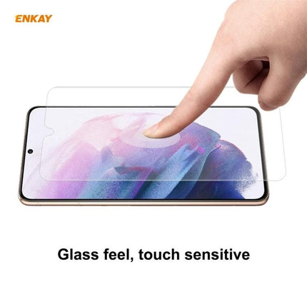 ENKAY Hat-Prince Full Screen Protector For Samsung Galaxy Series on S21 displaying glass-feel touch sensitivity with finger interaction