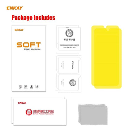 ENKAY Hat-Prince Full Screen Protector For Samsung Galaxy Series package contents showing soft TPU protector, wipes, dust stickers and microfiber cloth