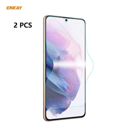 ENKAY Hat-Prince Full Screen Protector For Samsung Galaxy Series clear TPU screen protector shown on Galaxy S21 with edge coverage, 2 pcs pack