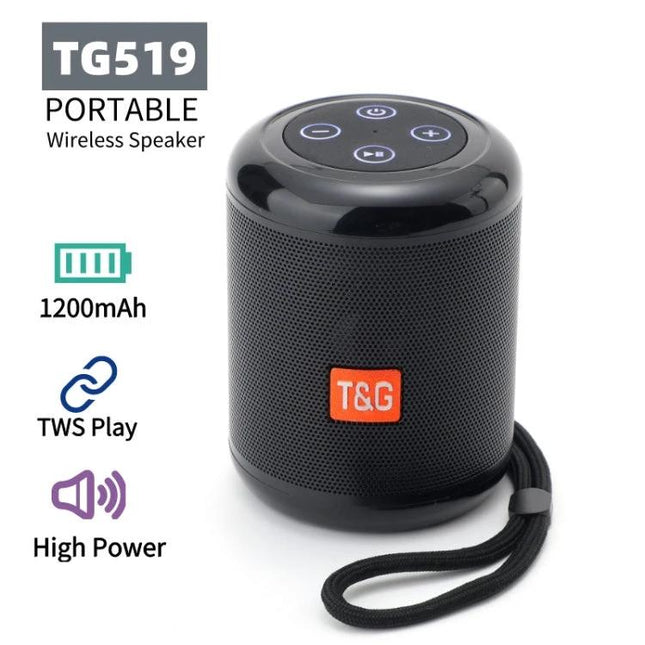 Compact Wireless Bluetooth Speaker For Home And Outdoor Use black TG519 portable speaker with strap, TWS, FM, USB, TF, 1200mAh