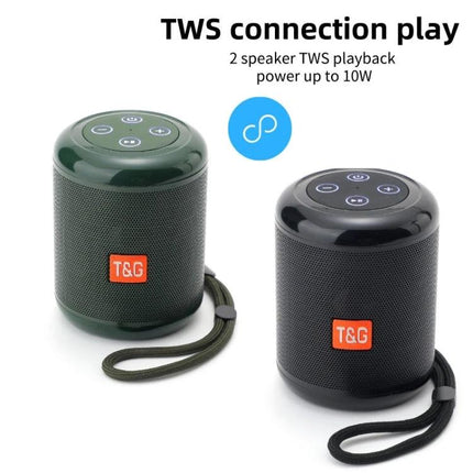 Compact Wireless Bluetooth Speaker For Home And Outdoor Use showing two T&G TWS portable speakers with straps and top controls