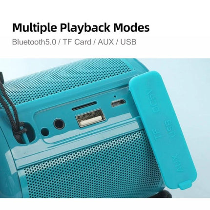 Compact Wireless Bluetooth Speaker For Home And Outdoor Use showing TF card, USB, AUX and Bluetooth5.0 ports on teal speaker