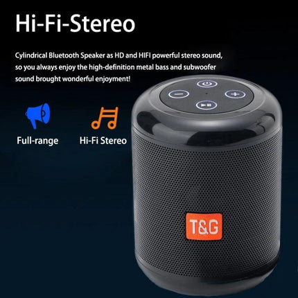 Compact Wireless Bluetooth Speaker For Home And Outdoor Use black cylindrical portable speaker with touch controls and T&G logo
