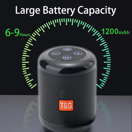 Compact Wireless Bluetooth Speaker For Home And Outdoor Use with 1200mAh battery icon and 6-9 hours playtime indication