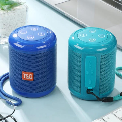 Compact Wireless Bluetooth Speaker For Home And Outdoor Use shown as two portable blue teal speakers with control buttons and strap