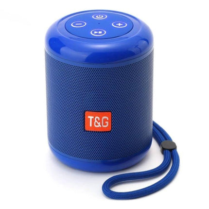 Compact Wireless Bluetooth Speaker For Home And Outdoor Use in blue with top controls, T&G logo, wrist strap for portable backyard and indoor use