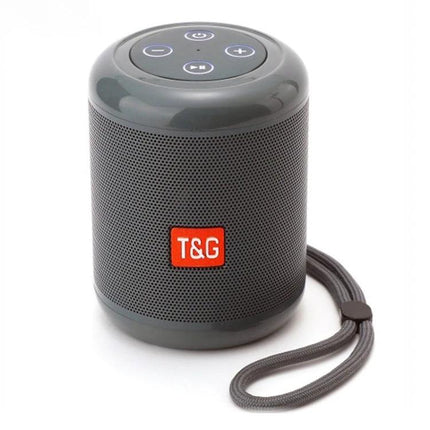 Compact Wireless Bluetooth Speaker For Home And Outdoor Use with portable grey cylinder design, top controls and wrist strap