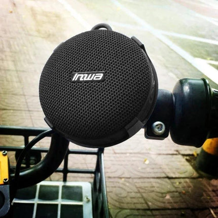 Compact Bluetooth Speaker With Bike Mount For Outdoor Use shown mounted on bike handlebar, IPX7 dustproof zinc frame