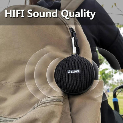 Compact Bluetooth Speaker With Bike Mount For Outdoor Use clipped to backpack showing rugged zinc alloy, IPX7 waterproof design