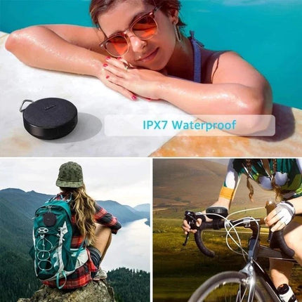 Compact Bluetooth Speaker With Bike Mount For Outdoor Use shown waterproof by pool, backpacked hiker, and cyclist mounting speaker