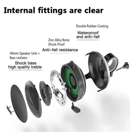 Compact Bluetooth Speaker With Bike Mount For Outdoor Use showing exploded parts, zinc alloy frame, waterproof IPX7, bike bracket