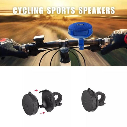 Compact Bluetooth Speaker With Bike Mount For Outdoor Use shown clipped to bike handlebars with rugged zinc alloy frame and mount