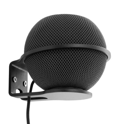 HomePod Mini Wall Mount Bracket For Counter Space Saving mounted on wall holding black HomePod Mini to free countertops
