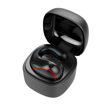 Single-Ear Bone Conduction Wireless Earphone For Commuting in compact charging case showing sleek black single-earbud