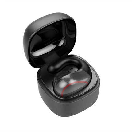 Single-Ear Bone Conduction Wireless Earphone For Commuting ergonomic black single-earbud in open charging case, bone conduction design