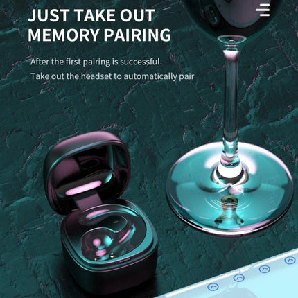 Single-Ear Bone Conduction Wireless Earphone For Commuting shown in charging case beside wine glass and phone, memory pairing feature