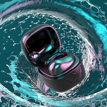 Single-Ear Bone Conduction Wireless Earphone For Commuting shown in open charging case with teal and pink water splash