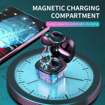 Single-Ear Bone Conduction Wireless Earphone For Commuting shown charging in a magnetic charging compartment on a clock backdrop