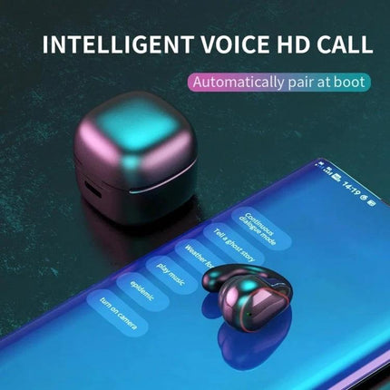 Single-Ear Bone Conduction Wireless Earphone For Commuting shown with charging case on phone highlighting Bluetooth pairing and calls