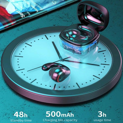 Single-Ear Bone Conduction Wireless Earphone For Commuting shown with charging case on a clock background highlighting battery life