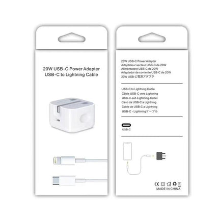 Compact Folding Travel Charger Set for Everyday Use — compact foldable 20W USB-C power adapter and USB-C to Lightning cable in retail packaging