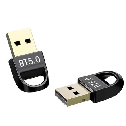 Bluetooth 5.0 USB Adapter for Wireless Computer Devices compact USB dongle shown next to matching cap, ideal for keyboards, mice, speakers and headsets