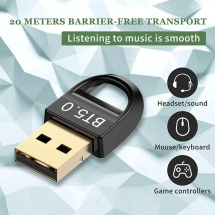 Bluetooth 5.0 USB Adapter for Wireless Computer Devices compact USB dongle showing BT5.0 label, ideal for headsets, mouse/keyboard and game controllers