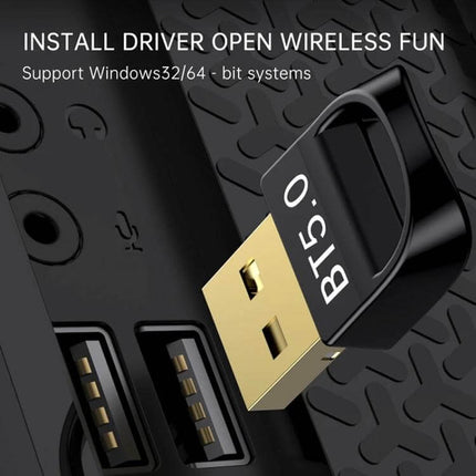 Bluetooth 5.0 USB Adapter for Wireless Computer Devices plugged into laptop USB port, compact dongle for keyboards mice speakers headsets