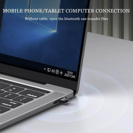 Bluetooth 5.0 USB Adapter for Wireless Computer Devices plugged into laptop USB port showing wireless connection to mobile devices