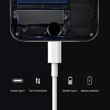 Practical Two-Meter USB-C Charging Cable for Daily Device Needs - white USB-C cable charging smartphone showing fast data and power