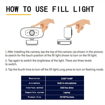 High-Quality Rotatable Webcam for Clear Video Conferencing - diagram showing tap to activate fill light, brightness levels, specs and USB connection