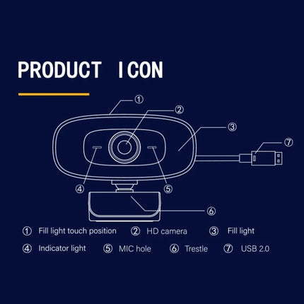 High-Quality Rotatable Webcam for Clear Video Conferencing - 2K HD rotatable webcam diagram with wide-angle lens, fill light, mic, trestle and USB 2.0 cable