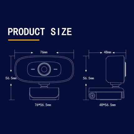 High-Quality Rotatable Webcam for Clear Video Conferencing product size diagram showing 2 views with dimensions 76x56.5mm and 48x56.5mm