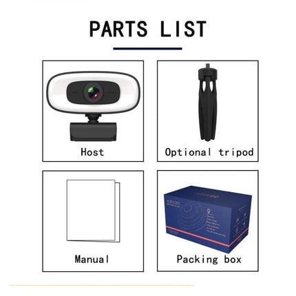 High-Quality Rotatable Webcam for Clear Video Conferencing showing parts list: host camera, optional tripod, manual, and packing box