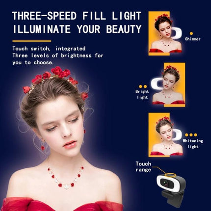 High-Quality Rotatable Webcam for Clear Video Conferencing showing three-speed fill light demo with model and touch-range clip-on camera