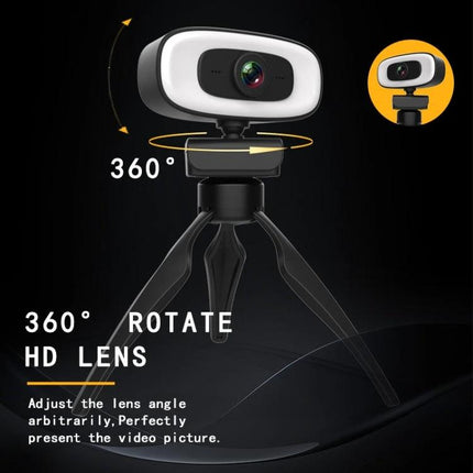 High-Quality Rotatable Webcam for Clear Video Conferencing showing 2K HD wide-angle lens on a 360° rotatable tripod mount