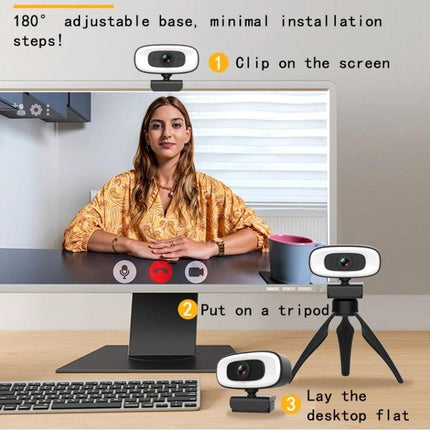 High-Quality Rotatable Webcam for Clear Video Conferencing shown clipped to a monitor, on tripod and flat desktop with woman in video call