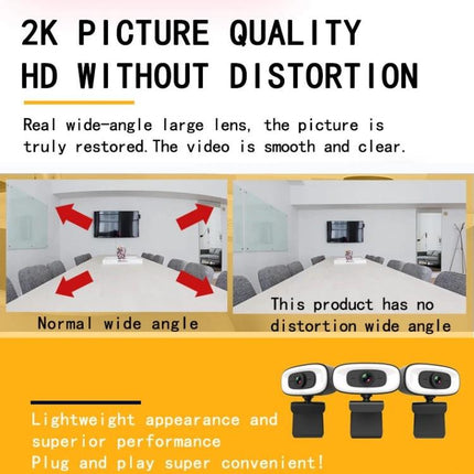 High-Quality Rotatable Webcam for Clear Video Conferencing showing 2K HD wide-angle, no distortion, rotatable mount for meetings and streaming