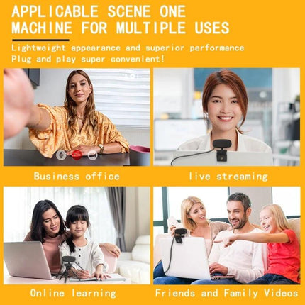 High-Quality Rotatable Webcam for Clear Video Conferencing showing use in business office, live streaming, online learning, and family video calls