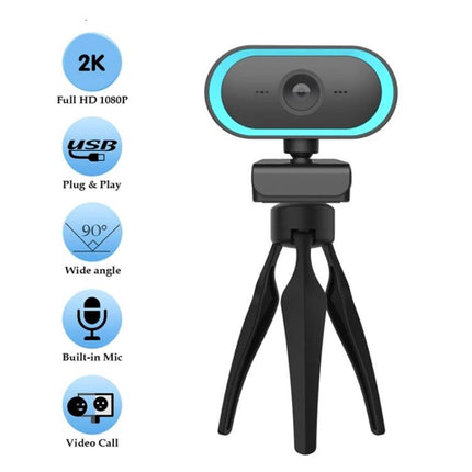 Versatile Webcam with Adjustable Angle for Video Calls 2K HD wide-angle on tripod, plug-and-play USB webcam with built-in mic