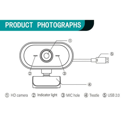 Versatile Webcam with Adjustable Angle for Video Calls showing 2K HD camera, indicator light, mic hole, trestle mount and USB 2.0 connection