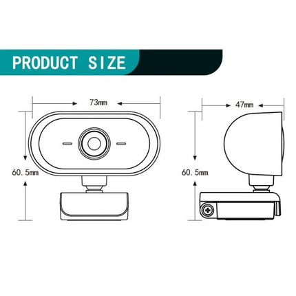 Versatile Webcam with Adjustable Angle for Video Calls – technical dimensions diagram 73×60.5×47mm, 2K HD wide-angle lens