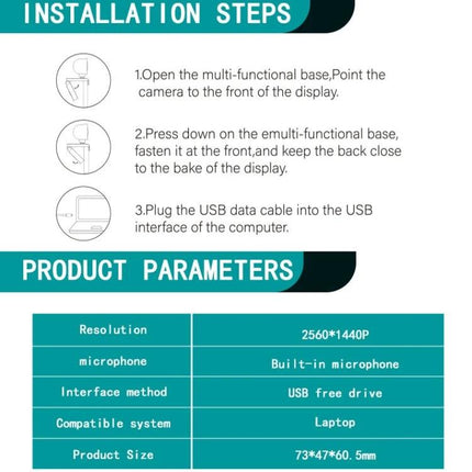 Versatile Webcam with Adjustable Angle for Video Calls showing 2K 2560x1440P specs, adjustable mount, USB plug and installation steps